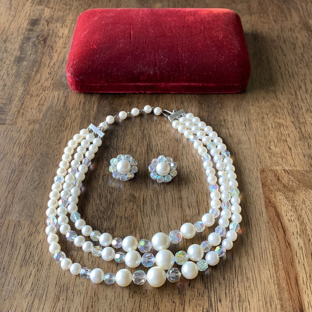 Vintage Three Strand Faux Pearl & Crystal Necklace and Clip On Earings
